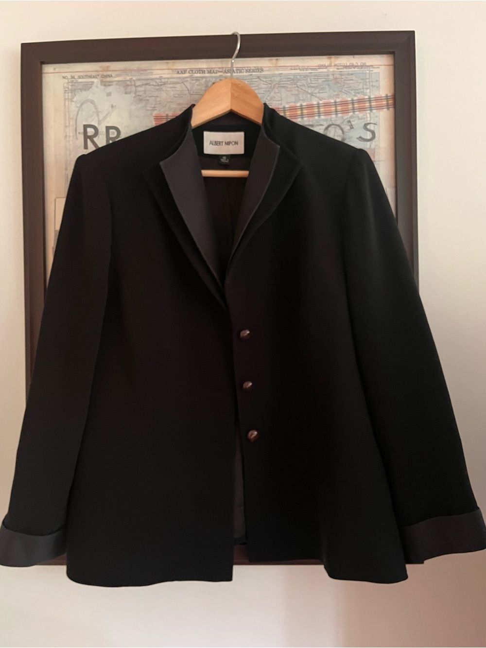 Vintage Albert Nipon Double Lapel Silk Blend Single Breast Jacket Blazer Black L
